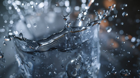 Ultra-detailed 3D render of water splash in a glass, focusing on the dynamic fluid motion and sparkling droplets with this inviting photo.の素材