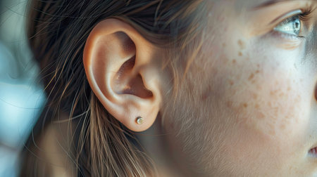 Ultra-high-definition close-up of a young woman's ear, focusing on the intricate details and natural beauty of the ear's shape and texture.の素材