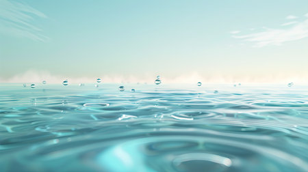 Water droplets on a reflective surface with a peaceful water background, creating a serene scene ideal for text copy space and calming designs.の素材