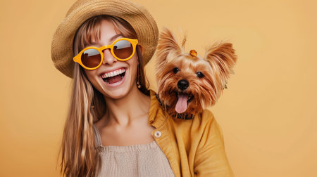 Woman laughing with her stylish Yorkshire Terrier puppy wearing sunglasses and a hat, set against a beige backdrop. Ample copy space above.の素材