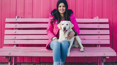 Woman sitting on a pink bench with her Labrador Retriever dog, both looking at the camera. Copy space on the left.の素材