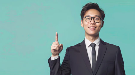 Young Asian man in a suit, wearing glasses, pointing upwards with a confident smile. Space for text on the left side.の素材