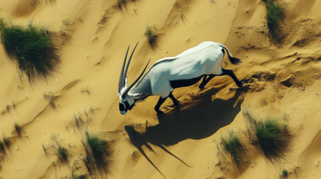 An Arabian oryx walking through a rare patch of green in the Dubai desert, showcasing the resilience of the species in its harsh environment.の素材