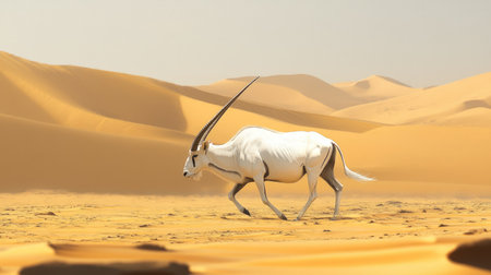 An Arabian Oryx walking across the empty desert, with a background of rolling dunes and a vast, empty sky.の素材