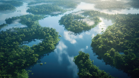 Aerial perspective of a sprawling rainforest intersected by a winding river, reflecting the clear blue sky and surrounded by untouched greenery.の素材