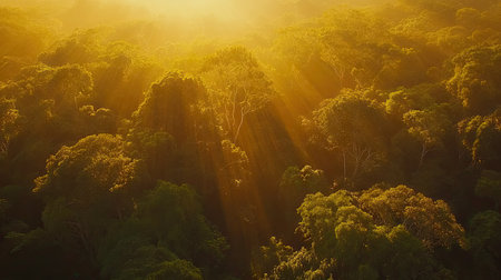 Aerial view of a dense rainforest canopy with vibrant shades of green, showing the texture and diversity of tree tops under golden sunlight.の素材