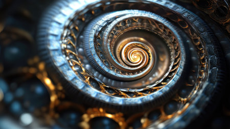 Abstract fractal clock face design, twisted in a spiral pattern to symbolize the unbroken flow of time and the concept of infinity.の素材