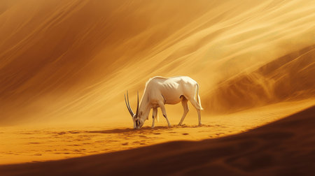 An Arabian oryx grazing peacefully in the vast dunes of the Dubai Desert Conservation Reserve, its striking white coat blending with the golden sands.の素材