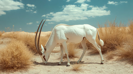 An Arabian oryx grazing near a cluster of desert shrubs, its distinctive white fur and curved horns highlighting its graceful presence.の素材