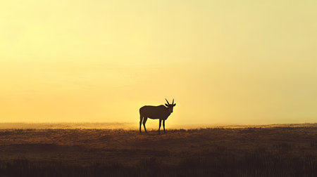 An Arabian oryx standing in the middle of the Dubai desert, its silhouette sharp against the vast, empty horizon.の素材