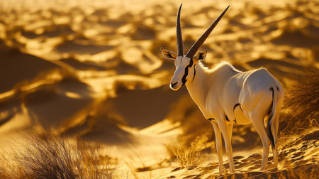 An Arabian oryx with its large, sweeping horns looking into the distance across the expansive Dubai desert, bathed in soft golden light.の素材