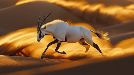 An Arabian oryx trotting through the desert, the warm desert sands swirling around its hooves as it moves in the early morning light.の素材
