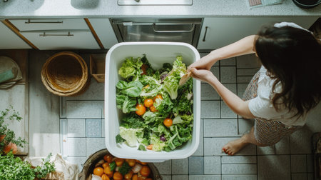 An indoor kitchen shot from above, with a woman throwing vegetable salad into a white compost bin on a tiled floor.の素材