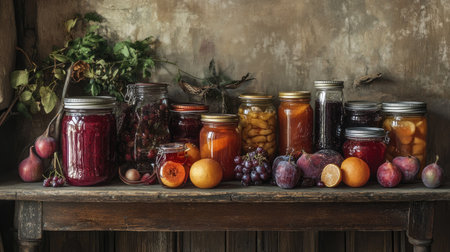 An assortment of jars filled with homemade fruity compotes, jams, and pickled vegetables, set on a rustic wooden table, showcasing the vibrant colors of preserved fruits.の素材