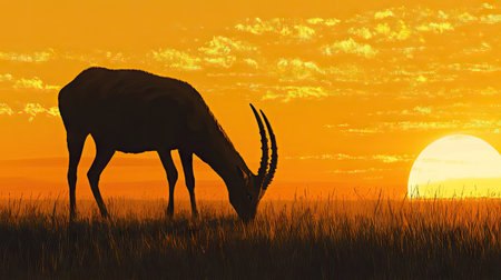 An elegant saiga antelope grazing on the expansive steppes, its distinctive curved snout silhouetted against a golden sunset.の素材
