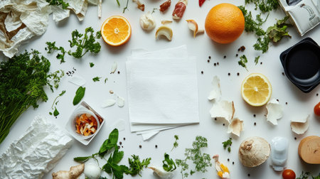 An assortment of eco-friendly, compostable materials like paper napkins and food scraps, displayed on a clean white surface.の素材