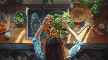 An overhead image of a woman sorting food scraps, tossing vegetable salad into a waste bin indoors, surrounded by tidy kitchen tools.の素材