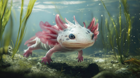 An axolotl swimming gracefully in a clear, shallow lake, its delicate pink gills and unique features glowing underwater.の素材