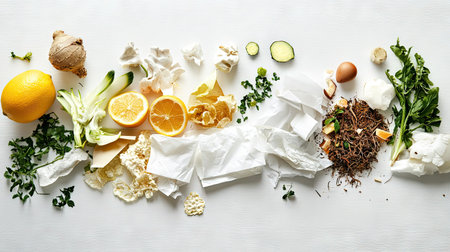 An assortment of eco-friendly, compostable materials like paper napkins and food scraps, displayed on a clean white surface.の素材