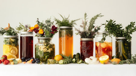 Assorted glass jars filled with fruit jams, pickled vegetables, and syrups, arranged on a white surface, showcasing the different types of preserved foods.の素材