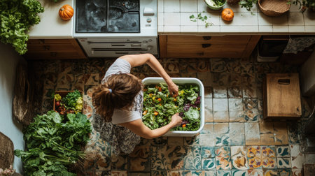 An indoor kitchen shot from above, with a woman throwing vegetable salad into a white compost bin on a tiled floor.の素材