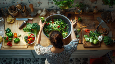 An overhead image of a woman sorting food scraps, tossing vegetable salad into a waste bin indoors, surrounded by tidy kitchen tools.の素材