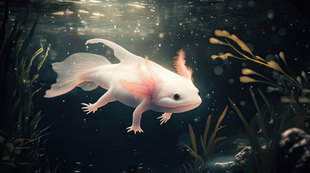 An axolotl swimming in a clear freshwater pool, its delicate gills and pale pink body glowing against the dark underwater background.の素材