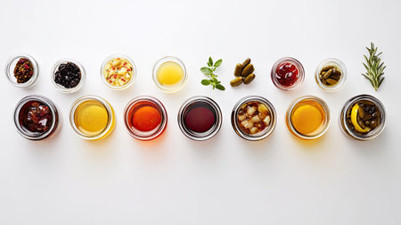 A variety of glass jars filled with different preserves like fruit jams, pickled vegetables, and syrups, isolated on a white background, perfect for showcasing food preservation.の素材
