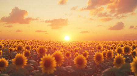 A vibrant sunflower field stretching to the horizon, with a golden sun dipping low in the sky and casting warm light over the scene.の素材