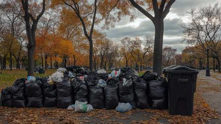 A waste management station in a park featuring many trash bags and a full bin, with trees and a cloudy sky overhead.の素材