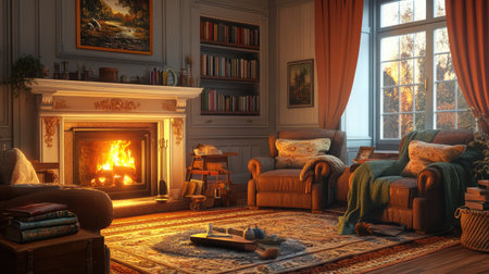 A warm, inviting living room with soft throws, a crackling fireplace, and comfortable armchairs, evoking a sense of coziness and charm.の素材