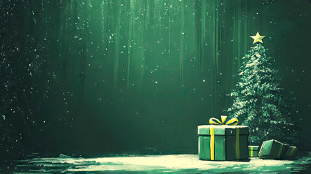 Background with a gift box and a pine tree, symbolizing the joy and magic of the Christmas season.の素材