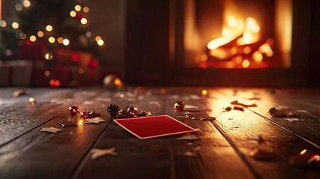 Christmas card and decorations scattered on the floor next to a roaring fireplace, with selective focus on the card, evoking a cozy and festive holiday scene.の素材