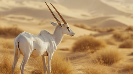 A young Arabian Oryx gazing into the distance, its soft coat and delicate horns shimmering in the dry desert heat.の素材