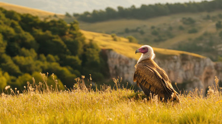 A young Egyptian vulture resting on a grassy hillside in Monfrage National Park, with distant cliffs and forests in view.の素材