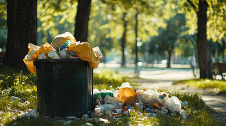 A waste bin overflowing with litter, surrounded by several garbage bags, in a peaceful park setting on a sunny day.の素材