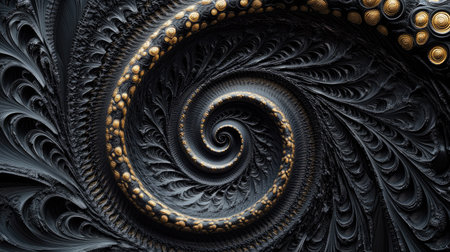 Black clock face spiraling into infinity, creating a mesmerizing fractal pattern that symbolizes time's unbroken and endless cycle.の素材