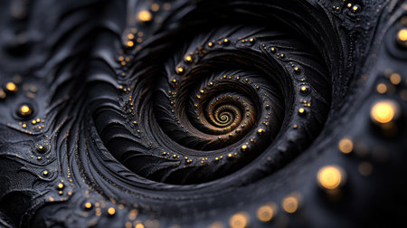 Black clock face spiraling into infinity, creating a mesmerizing fractal pattern that symbolizes time's unbroken and endless cycle.の素材