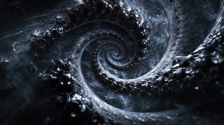 Black clock face spiraling endlessly in a fractal design, symbolizing the eternal flow of time and the concept of infinity.の素材