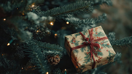 Background of a wrapped gift box beside a decorated pine tree, capturing the cheerful and festive mood of the holiday season.の素材