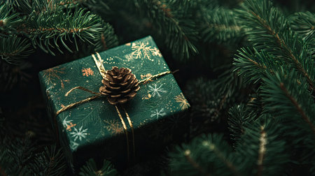 Background with a decorative gift box and a lush pine tree, symbolizing the warmth and magic of the holiday season.の素材
