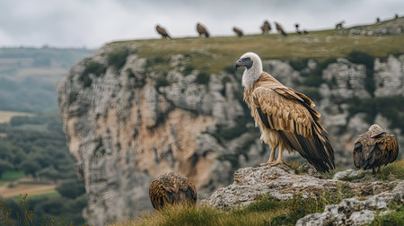A young Egyptian vulture interacting with other vultures on a grassy plateau in Monfrage, with rugged cliffs in the background.の素材
