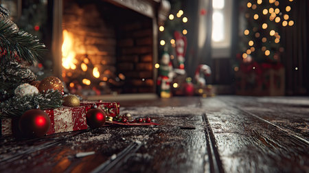 Christmas card placed on the floor with holiday decorations nearby, in front of a crackling fireplace, with selective focus on the details of the festive scene.の素材