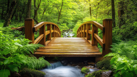 A wooden bridge crossing a bubbling stream in the Smoky Mountains, framed by lush spring vegetation.の素材