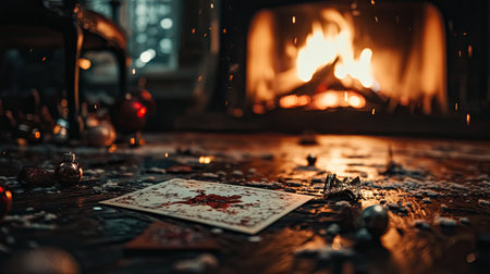 Christmas card and decorations scattered on the floor next to a roaring fireplace, with selective focus on the card, evoking a cozy and festive holiday scene.の素材