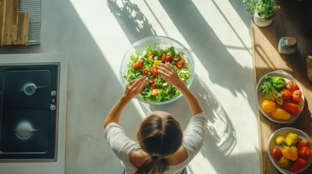 Bright and airy indoor scene showing a woman tossing salad remnants into a bin, captured from above.の素材