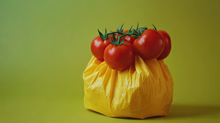 Bright yellow surface with ripe tomatoes and a vegetable bag, set against a green background for design use with plenty of space for text.の素材