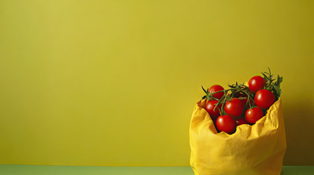 Bright yellow surface with ripe tomatoes and a vegetable bag, set against a green background for design use with plenty of space for text.の素材