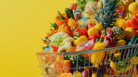 Close-up of a cart filled with colorful groceries, such as vegetables and drinks, isolated on a yellow background.の素材
