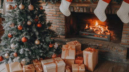 Christmas tree with red and gold decorations and wrapped gifts, placed next to a glowing fireplace with stockings hanging above, creating a warm holiday atmosphere.の素材